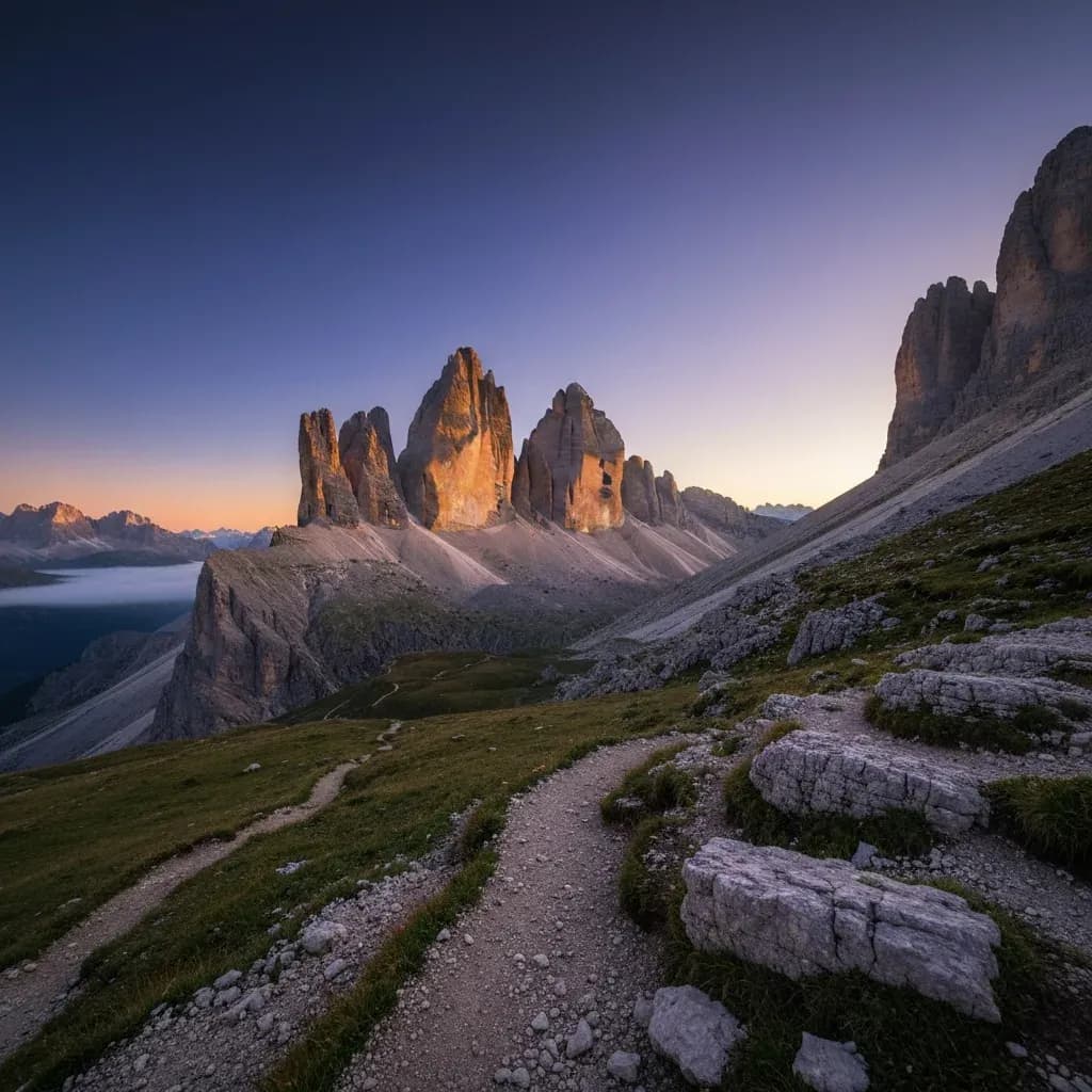 Le Tre Cime di Lavaredo nelle Dolomiti all'alba, viste da un sentiero di alta quota