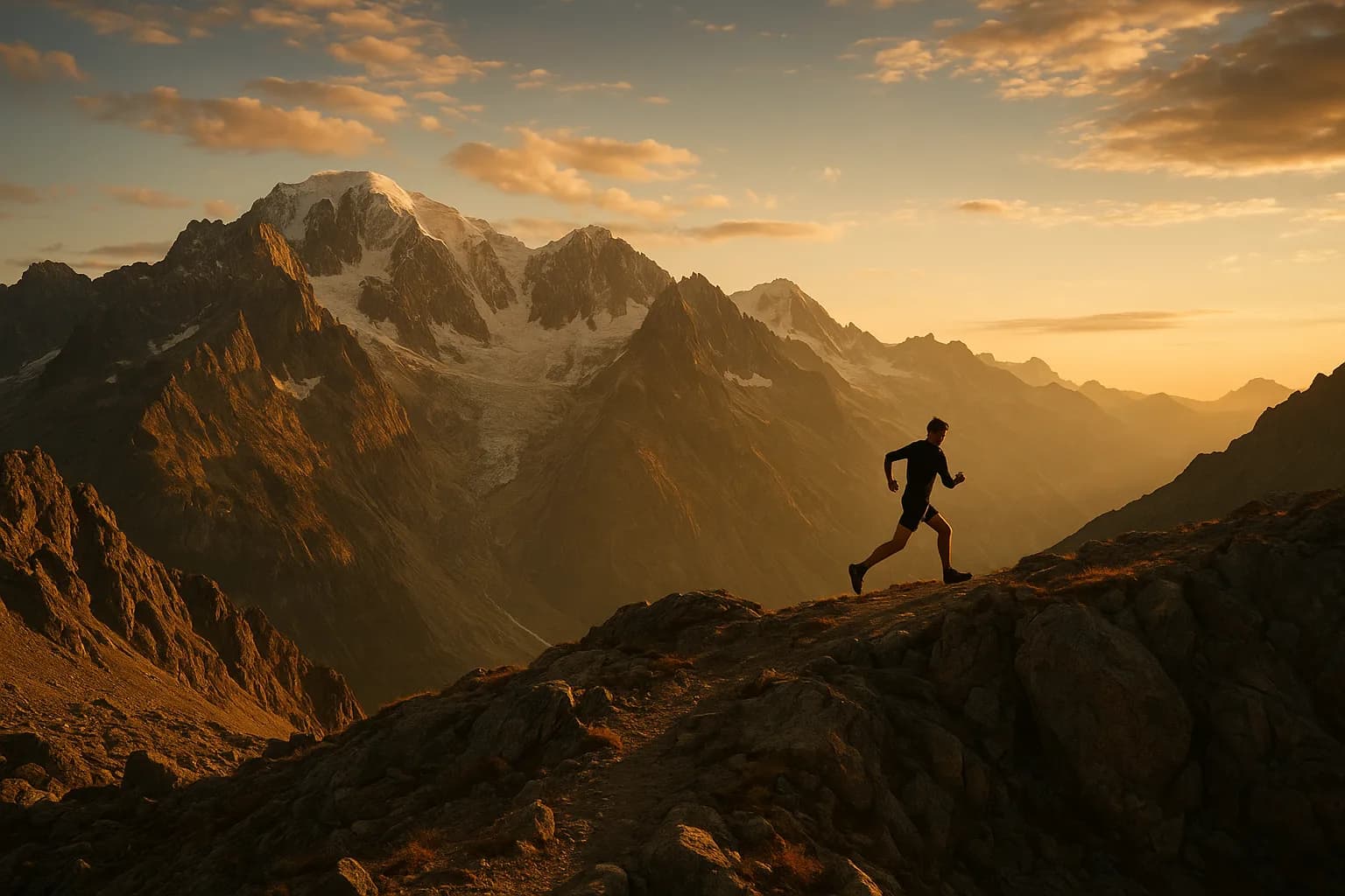 Corridore in silhouette su una cresta sopra Courmayeur al tramonto, massiccio del Monte Bianco sullo sfondo